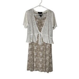 Perceptions New York Womens Floral A-Line Dress and Tie Front Shrug Set Tan L